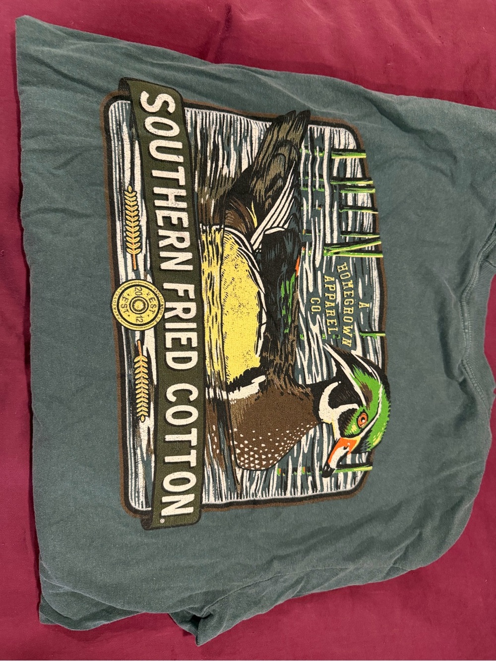 Southern Fried Cotton Teal Graphic Tee with wood duck